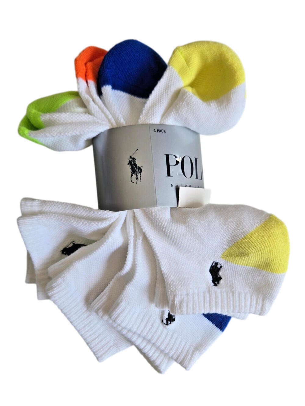 Polo Ralph Lauren Mens Low Cut Socks White w/ Neon Bright Colors Pony 4 pack NWT